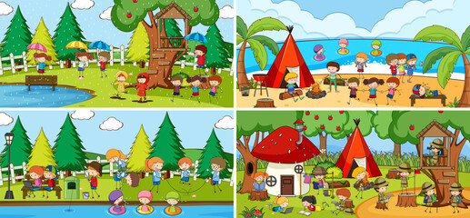 Obraz premium Outdoor scene set with many kids doodle cartoon character