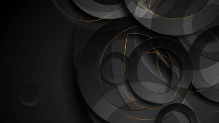 Dark geometric background with abstract golden and black circles