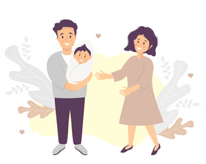 Family life concept. Happy husband holds a smiling newborn son in his arms. A lovely woman-wife stands next to him. Vector illustration. Light-skinned family with toddler boy, Family Day