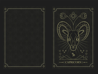 Zodiac Capricorn Horoscope Card Golden Outline Style with Water Square, Stars and Crescent Moon Icon in Chain Rectangular Frame and Diamond at four Corners with the Name inside Vector Graphic Design