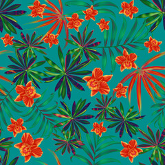 Fototapeta na wymiar Colourful Seamless Pattern with tropic flowers and leaves. Modern exotic design for paper, cover, fabric, interior decor and other users....