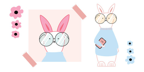 Cartoon portrait of a rabbit with glasses. Cute animal in a sweater. Kawaii character-mascot. Vector illustration of a flat style. Design element, print for T-shirt, banner. All elements are isolated.