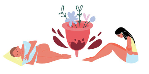 Women's abdominal pain in PMS. Vector hand-drawn illustration of a sad girl, hormonal failure. The concept of women's health and healthcare. Feminine design. Premenstrual syndrome. Menstrual cup.