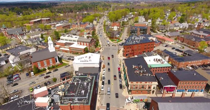 Aerial view of Historic center of Andover on Main Street in Andover, Massachusetts, MA, USA. 