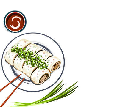 Steamed rice noodle rolls or spring roll with sauce and chopsticks on white background. Isolated asian food vector illustration. 