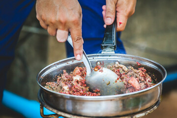 Thai chilli salad is cooking with minced pork, vegetable