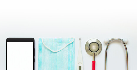 Concept online medicine on white-blue background. Copy space, flatly