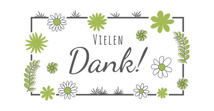 Vielen Dank Text, Handschrift mit gr&uuml;nen Blumen
