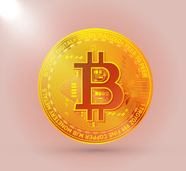 Bitcoin gold coin. Bitcoin cryptocurrency symbol isolated on bright background with bright rays of light.Realistic vector illustration.	