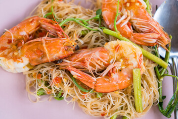 Fried rice noodles with Senegalia pennata or Climbing wattle and shrimps