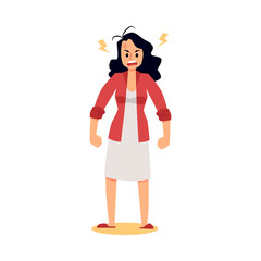 Angry stressed woman with clenched fists, flat vector illustration isolated.