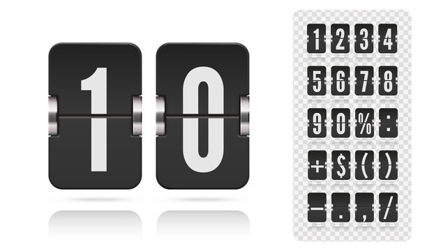 Analog flip airport board for countdown timer on white background. Retro design scoreboard clock template. Vector modern ui design for old time meter or calendar with numbers and symbols.