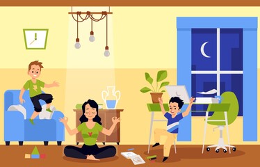 Working from home mother having rest break, flat vector illustration.
