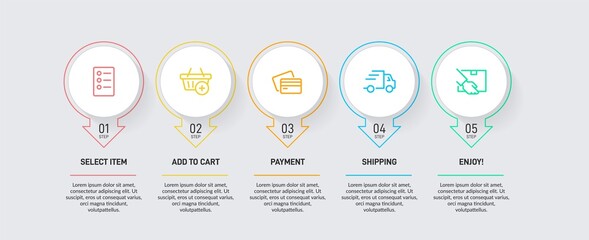 Concept of shopping process with 5 successive steps. Five colorful graphic elements. Timeline design for brochure, presentation, web site. Infographic design layout.