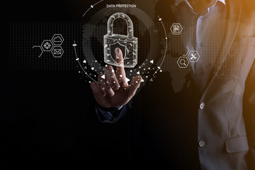 Cyber security network. Padlock icon and internet technology networking. Businessman protecting data personal information on tablet and virtual interface. Data protection privacy concept. GDPR. EU