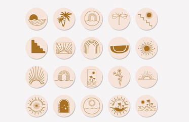 nature object collection with sun,mountain,rainbow for social media,sticker