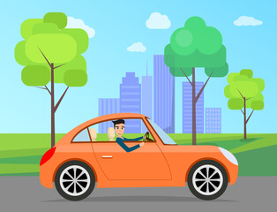 Modern car parking along town street in cartoon style. Vehicles car on city street. Auto on road with trees. Beautiful automobile in nature park. Travel by car. Drive transport. Automotive concept