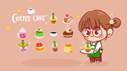 Cute girl holding tray and Bubble tea logo cartoon art illustration