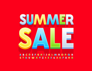 Vector seasonal Poster Summer Sale. Bright Colorful 3D Font. Artistic Alphabet Letters and Numbers set