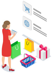 Online shopping design. Buying things on special website. Landing page of site with goods selling worldwide. Woman using application for buying and ordering goods via Internet. Online store concept