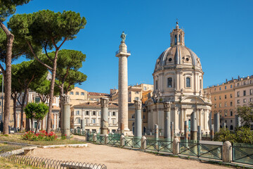 Fototapeta na wymiar Trajan's column and forum and Santa Maria di Loreto church in Rome