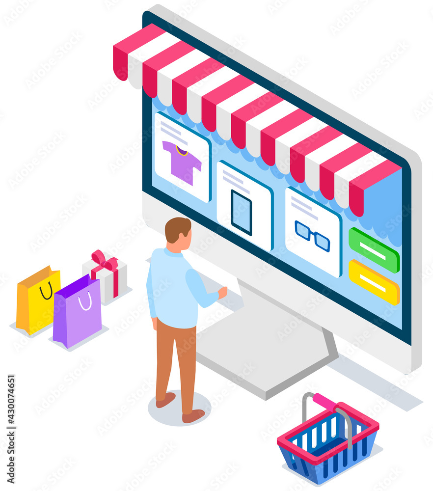 Poster online shopping design concept. buying things on site. computer screen with open site with goods, cl