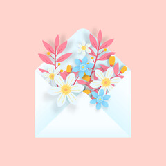3D envelope with flowers on pink background. Colorful spring 3D Paper art. Design for banner, poster.