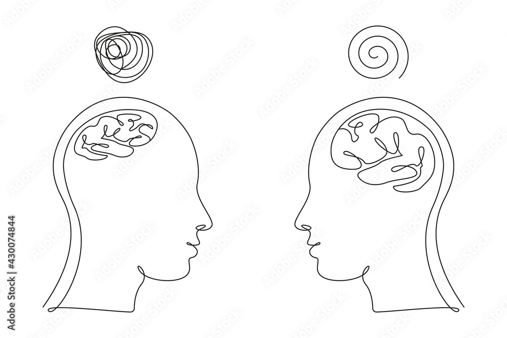 Poster two human heads with big and small brains and confused thoughts in one line art style. continuous dr