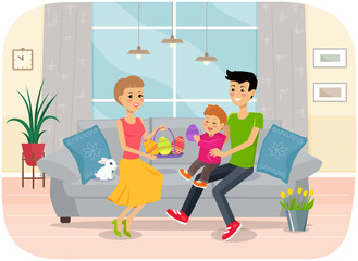 Family easter holiday with kids and adult characters coloring paschal eggs, bun cakes, white rabbit. Parents and happy child on sofa at home holding basket with colored eggs, traditional celebration