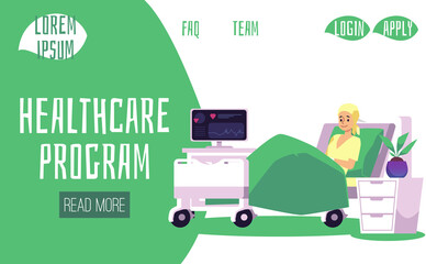 Site for healthcare program with patient in hospital, flat vector illustration.