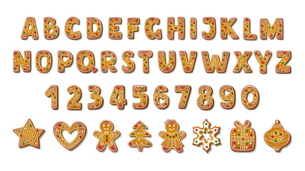 Christmas Gingerbread alphabet in cartoon style with different cookies shape. Biscuit letters for xmas holiday message. Homemade sweets in the shape of heart, star, snowflake, tree, gift, toy, man