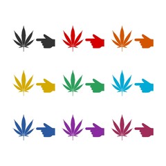 Pointing hand icon with a marijuana leaf isolated on white background color set