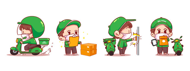 Set of Delivery Man Ride Motorcycle cartoon art illustration