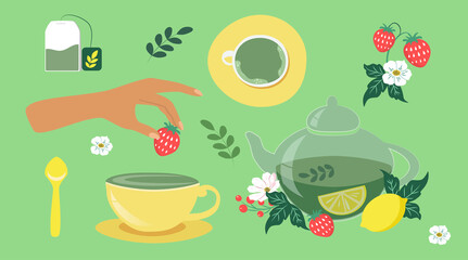 Hand-drawn vector set of tea ceremony elements: tea bag, pot, cup and variety of berry branches. Hand holding strawberry. Matcha tea, herbal tea. Trendy iilustration in flat syle