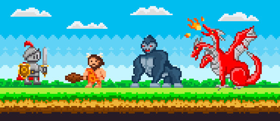Pixelated natural landscape with warrior holding shield and sword standing on green grass. Knight attacks mechanical robot in armor, gorilla and dragon. Minimalistic pixel cavalier near monsters