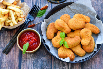 
 Crispy oven baked  chicken nuggets and ketchup. Breaded chicken fillets  with chilly peppers and fresh basi on wooden rustic background