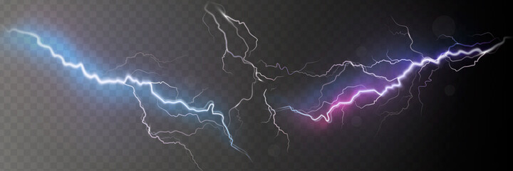 A set of lightning Magic and bright light effects. Vector illustration. Discharge electric current. Charge current. Natural phenomena.