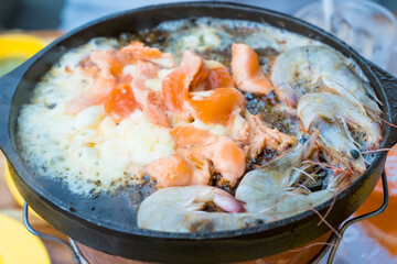 Thai barbecue Pork with cheese Grilled over hot pan buffet.