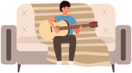 Young person playing guitar at home. Guy sitting on couch with musical instrument. Male character learning to play guitar. Guitarist creates music vector illustration. Boy playing song in apartment