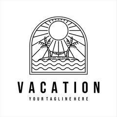 vacation or beach logo line art vector illustration template design. tropical island with hammock on the beach palm tree for vacation logo line art with badge vector illustration concept design