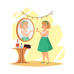 Woman satisfied with her appearance in mirror flat vector illustration isolated.