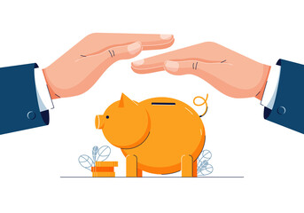 Protect your money concept. Businessman is holding hands over the piggy bank to protect savings. piggy bank, financial saving insurance, Money protection for website design. Flat vector illustration