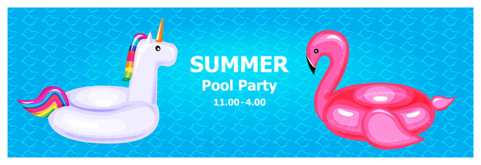 illustration vector flat cute cartoon of inflatable or float on invitation card summer pool party concept.