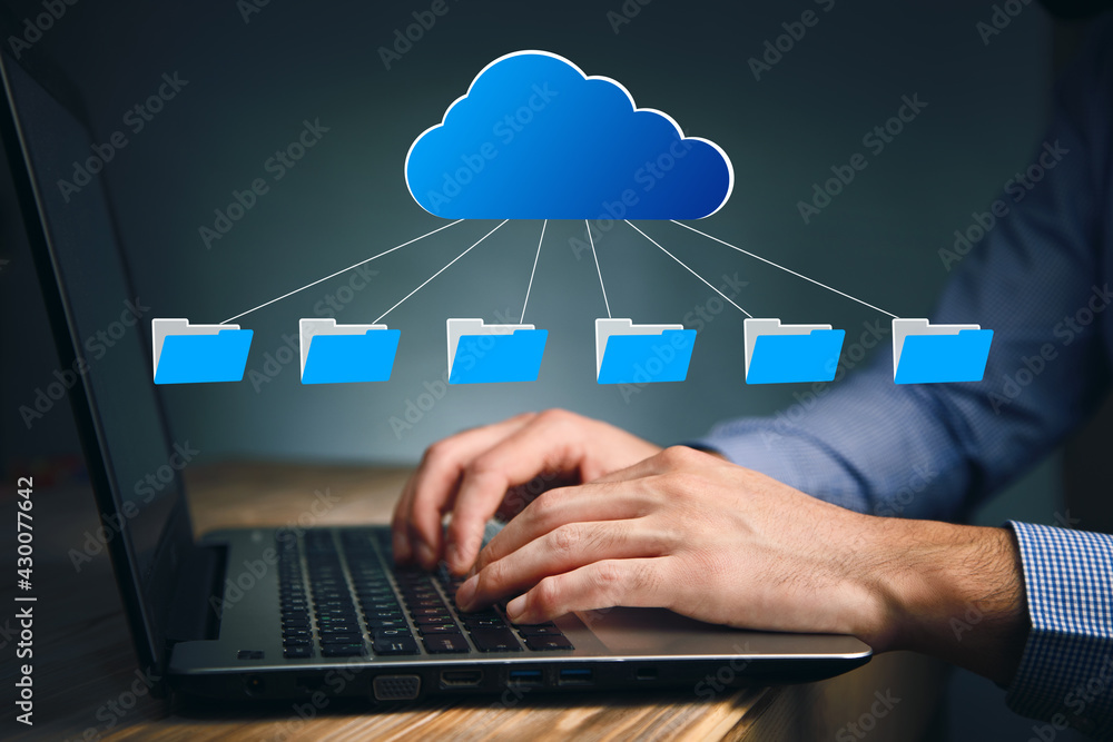 Poster man working computer and cloud with files icon