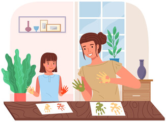 Mother and daughter painting at home. Mom and child study or playing together. Woman teaches girl to draw. Happy family pastime. People paint hands with dye and leaves traces of palms on paper