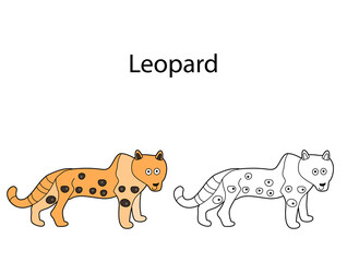 Funny cute animal leopard isolated on white background. Linear, contour, black and white and colored version. Illustration can be used for coloring book and pictures for children