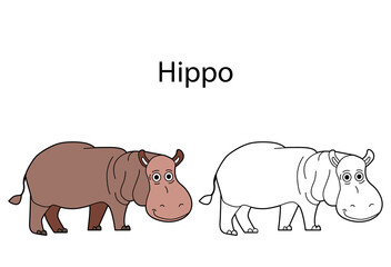 Funny cute animal hippo isolated on white background. Linear, contour, black and white and colored version. Illustration can be used for coloring book and pictures for children