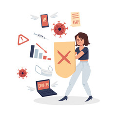 Woman reflecting attack of virus and crisis, flat vector illustration isolated.