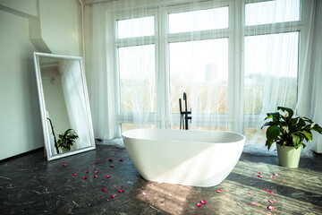 Modern bathroom interior with large floor-standing mirror. The concept of design and style. There...
