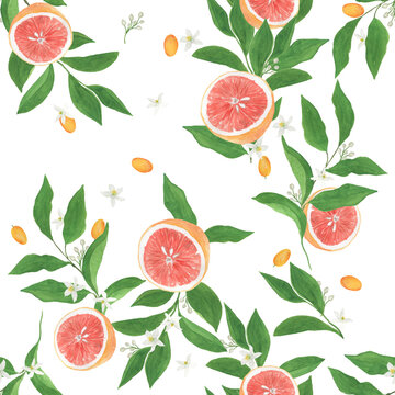 Watercolor painting seamless pattern with grapefruits, flowers on white background